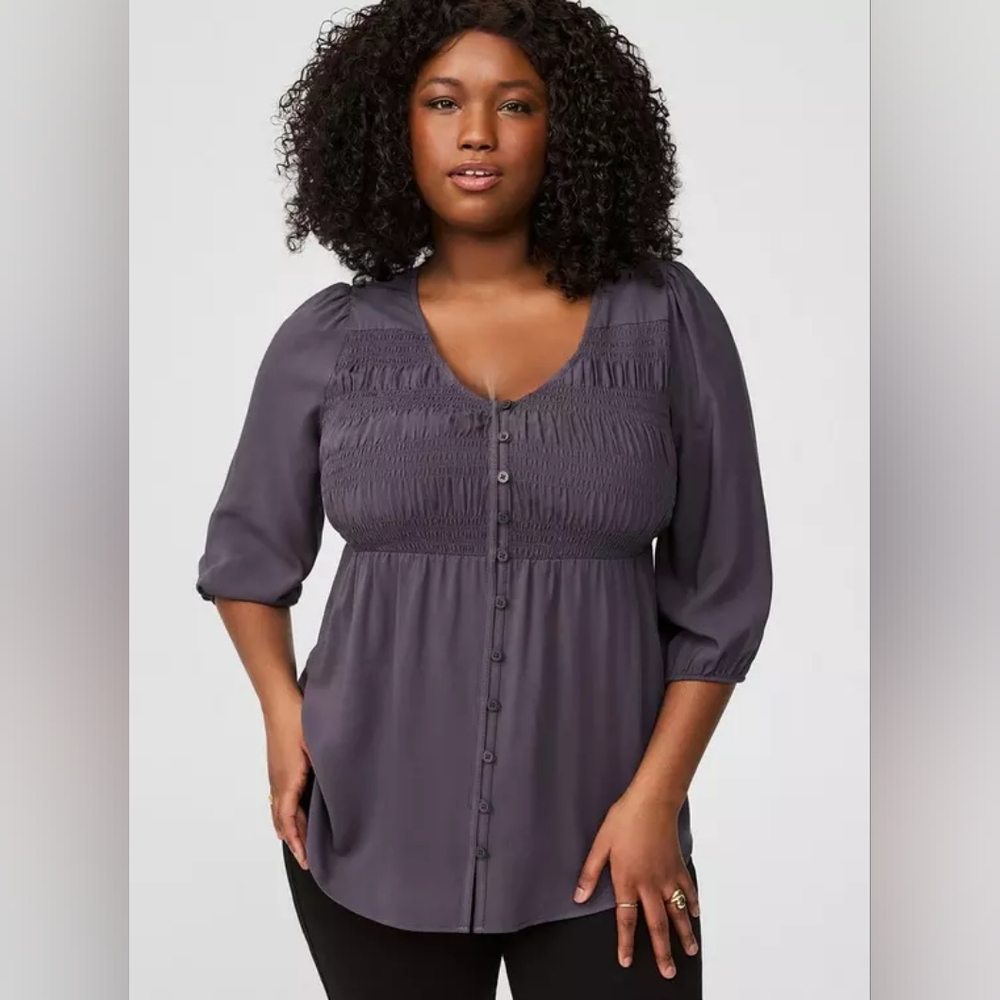 Torrid Gray Challis Smocked 3/4 Sleeve Top Plus Size 2x